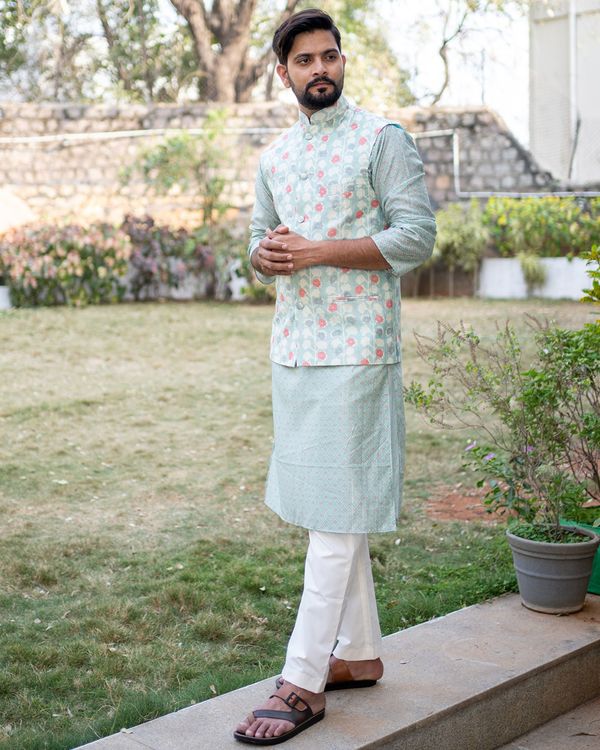 Dull green and white floral printed jacket with blue chanderi kurta and beige pyjama - set of three 3