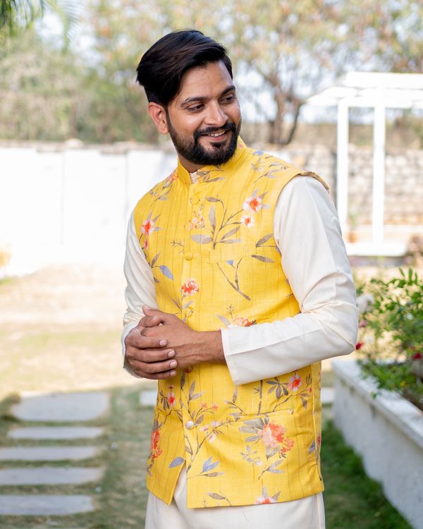 Yellow and red floral printed striped nehru jacket 1