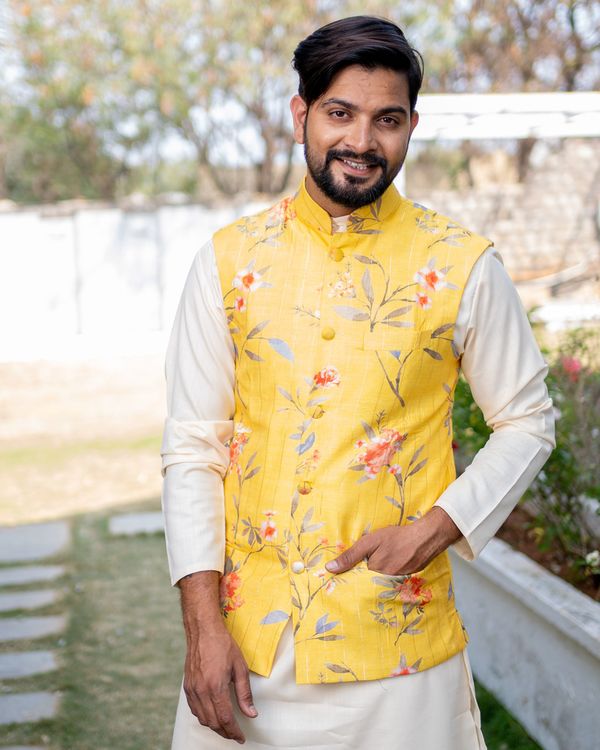 Yellow and red floral printed striped nehru jacket by Desi Doree | The ...