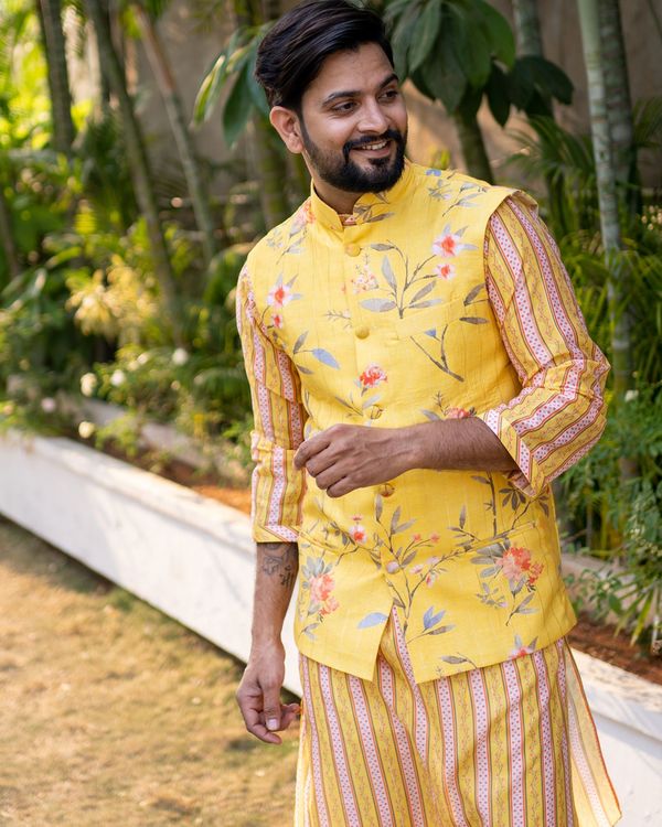 Yellow and red floral printed jacket with yellow striped chanderi kurta - set of two 1