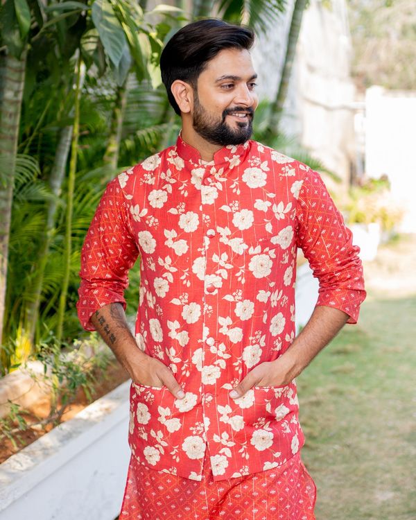 Red and white floral printed jacket with red chanderi kurta and beige pyjama - set of three 2