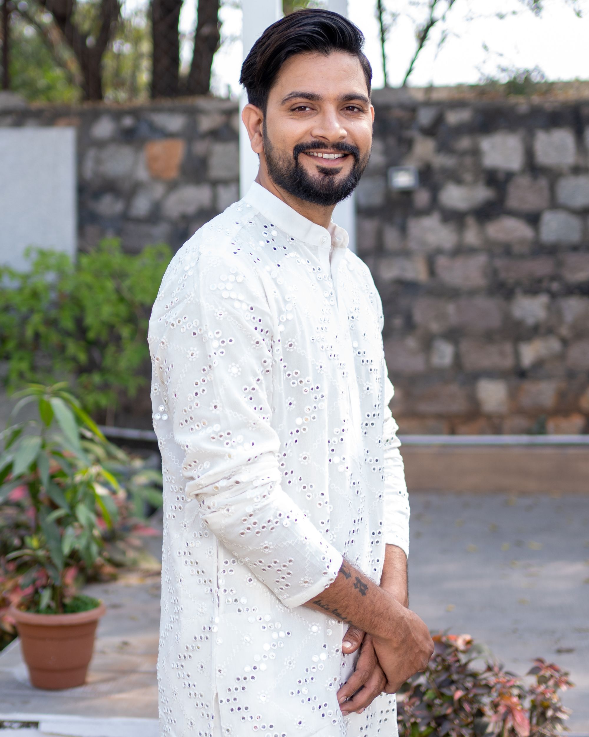 White mirror work kurta with patiala pant - set of two by The Weave ...