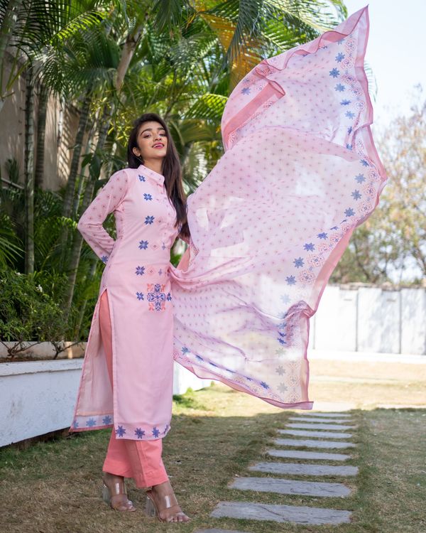Light pink and blue prints kurta and pant with dupatta - set of three 2