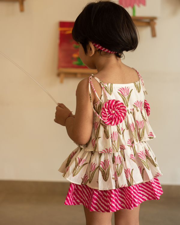 Pink lotus and leheriya print dress 1