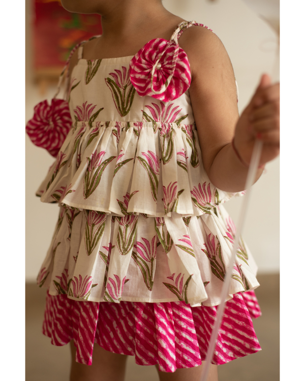 Pink lotus and leheriya print dress 2