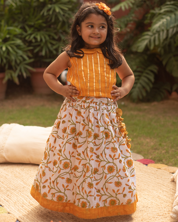 Yellow banarasi top with floral skirt - set of two 1