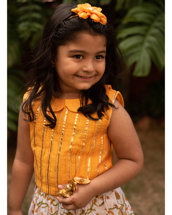Yellow banarasi top with floral skirt - set of two 2