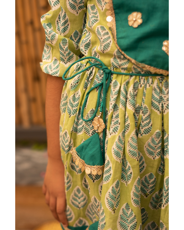 Green printed angrakha with contrast pants - set of two 1