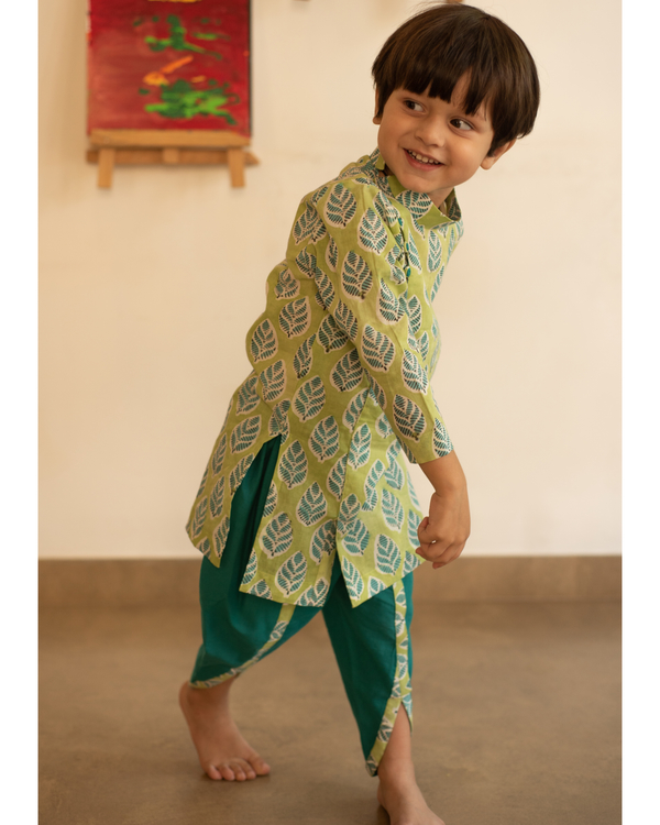 Green printed kurta with contrast dhoti - set of two 1