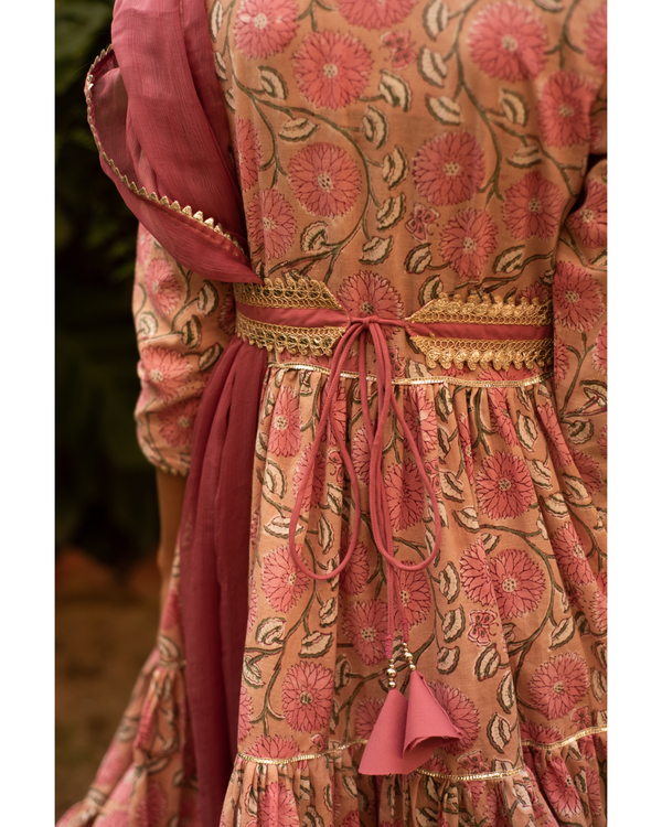Mauve and beige block printed anarkali set - set of three 1