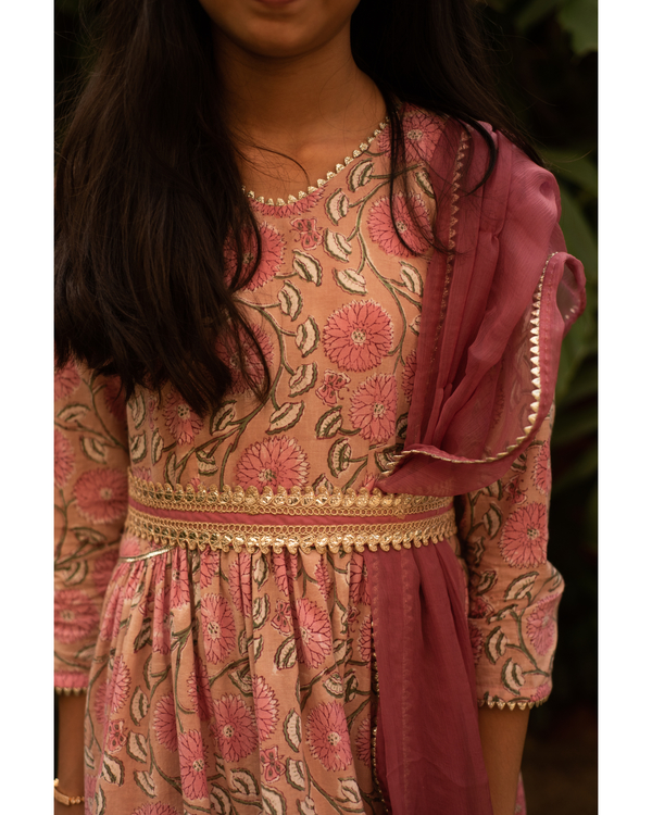 Mauve and beige block printed anarkali set - set of three 2