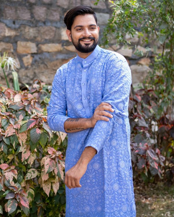 Blue chikankari kurta with off white pyjama - set of two 1