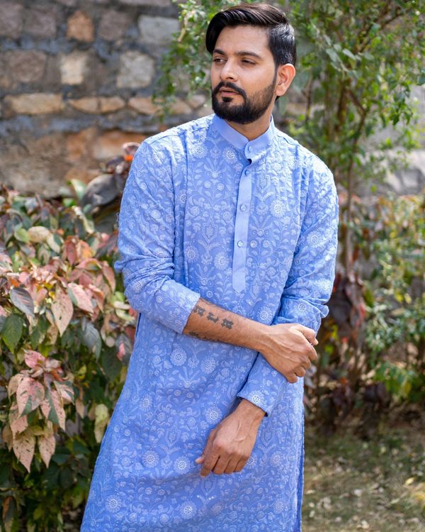 Blue chikankari kurta with off white pyjama - set of two 2
