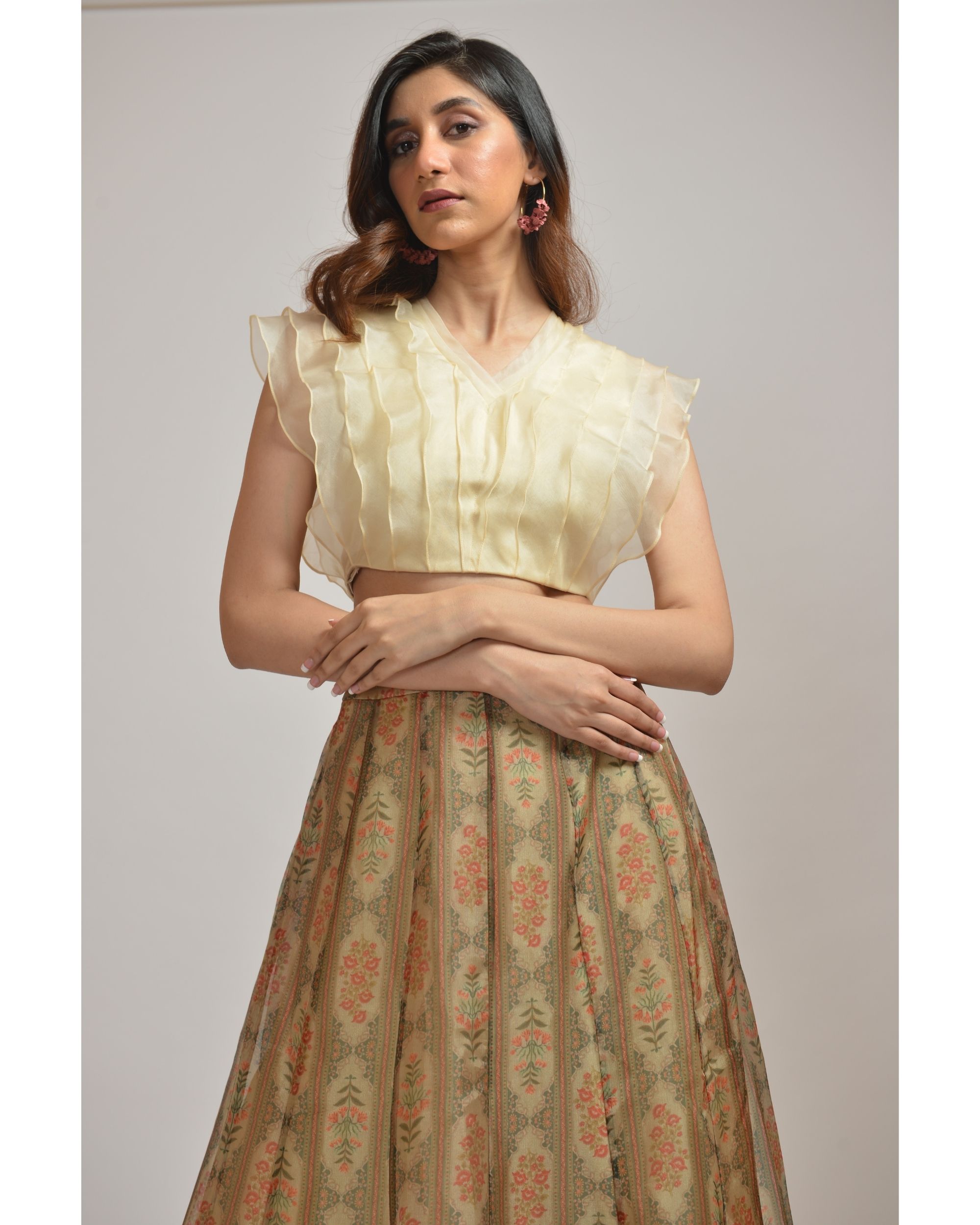 Cream ruffled crop top with floral printed organza panel skirt set of