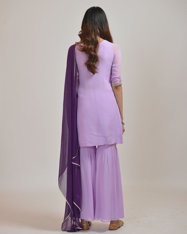 Purple embroidered kurta and sharara with violet chiffon dupatta - set of three 1