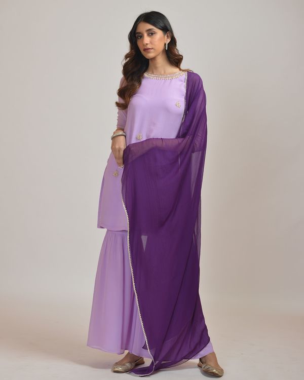 Purple embroidered kurta and sharara with violet chiffon dupatta - set of three 3