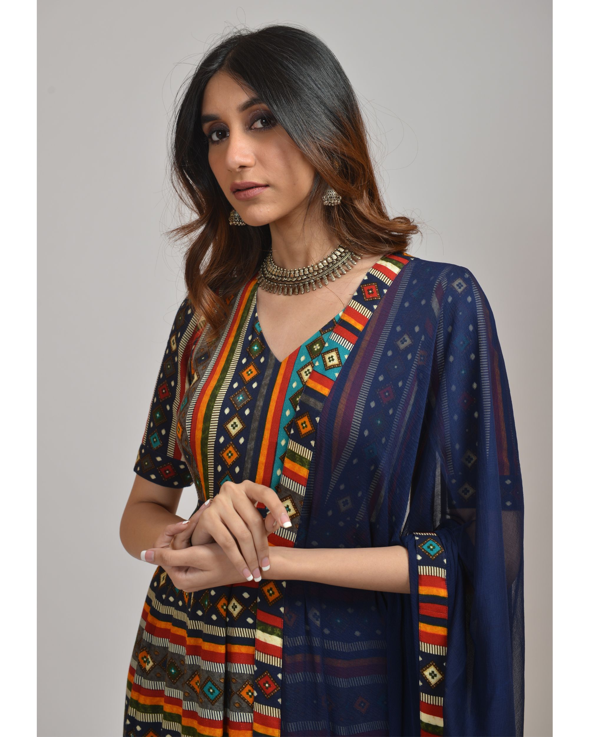 Multicolor striped maxi dress with chiffon dupatta - set of