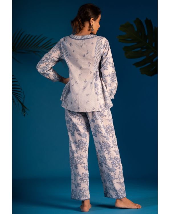 Beige and blue floral block printed pants 1