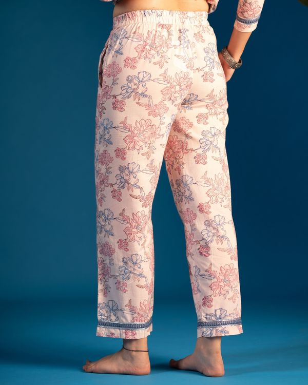 Beige and blue floral printed cotton pants 1