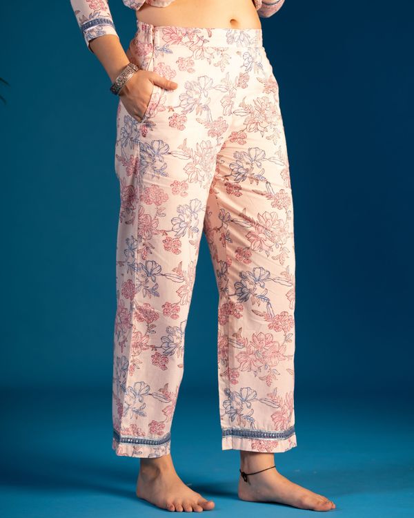 Beige and blue floral printed cotton pants 2