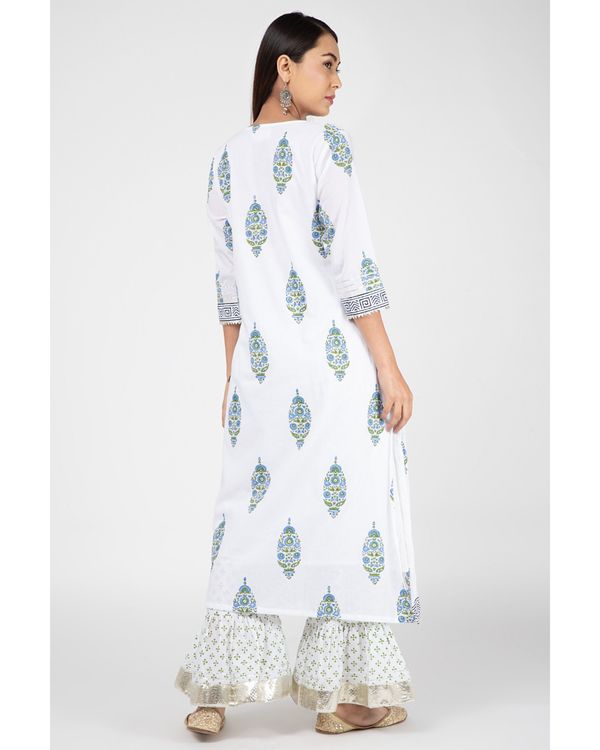 White and blue boota hand-block printed long kurta with palazzo and dupatta - set of three 2