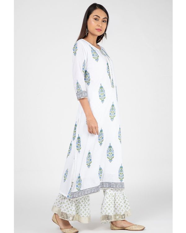White and blue boota hand-block printed long kurta with palazzo and dupatta - set of three 3