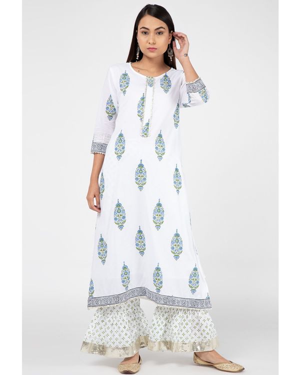 White and blue boota hand-block printed long kurta with palazzo and dupatta - set of three 4