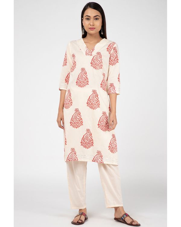 Beige and red boota hand-block printed suit set - set of three 3