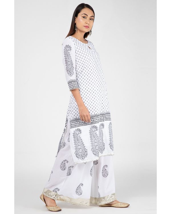 White and black hand-block boota printed suit set - set of three 3
