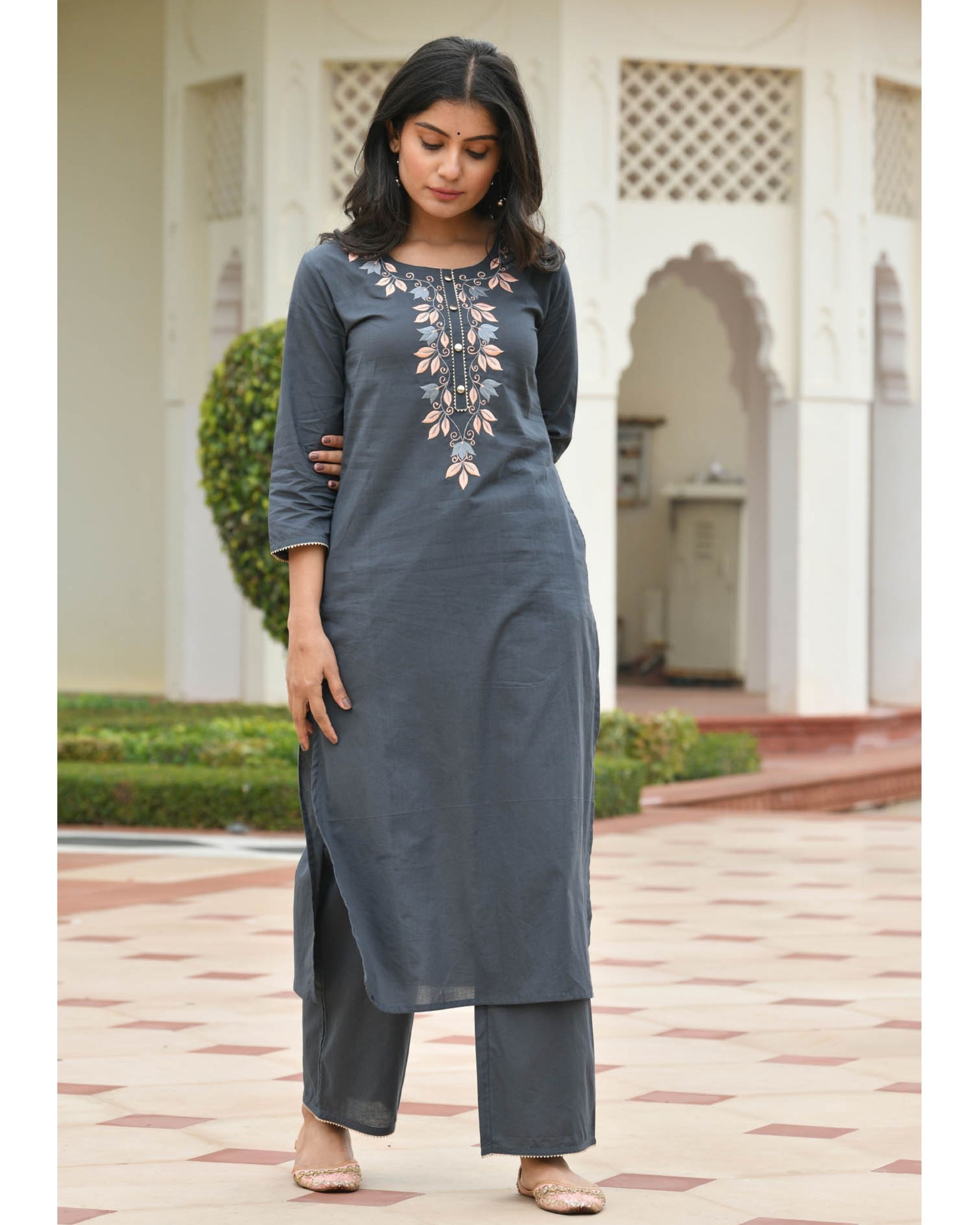 Midnight grey gota work straight cotton kurta with palazzo set