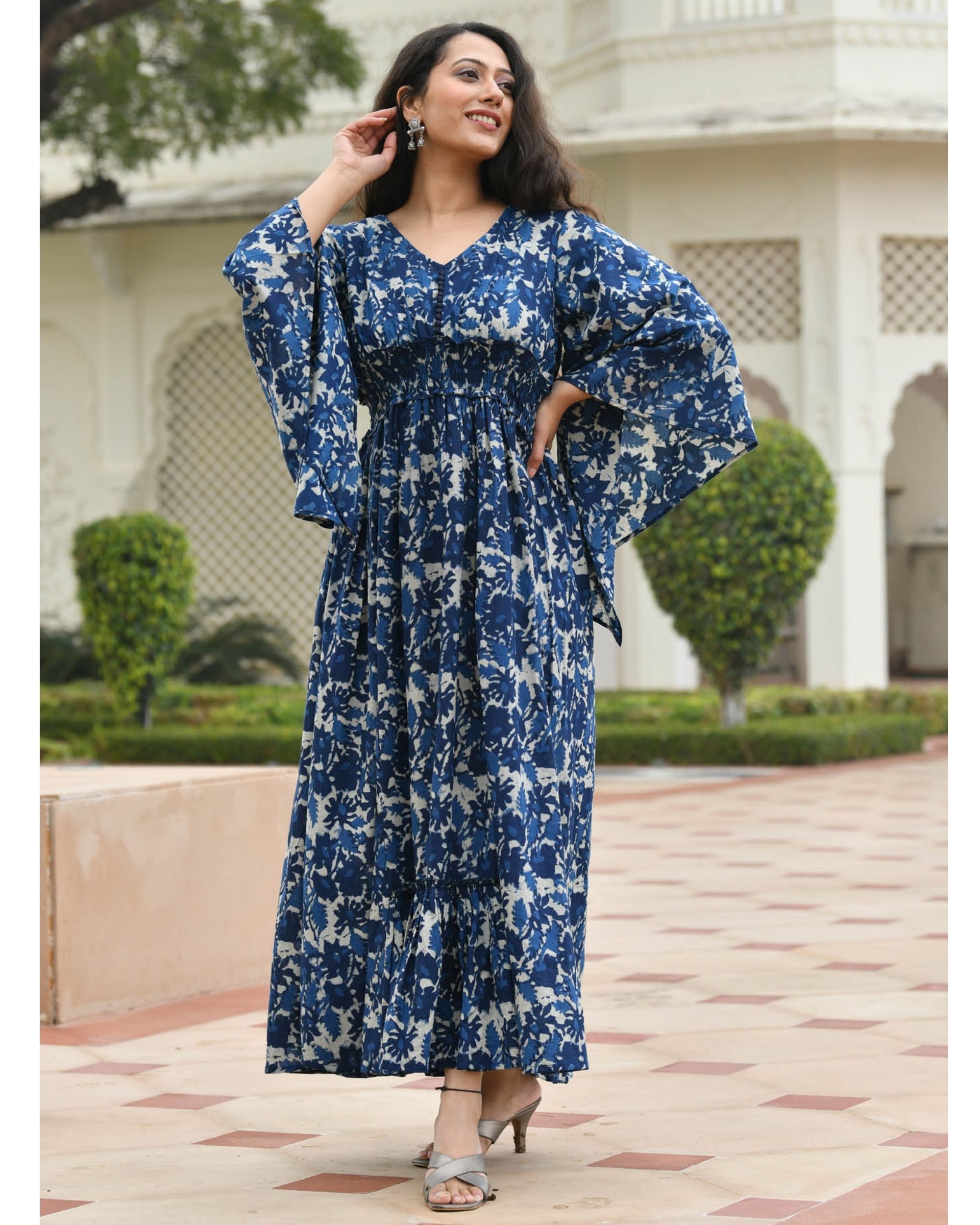 Navy blue floral printed gathered dress by Aaheli | The Secret Label