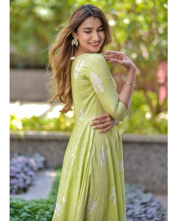 Pastel green foil printed flared dress 2