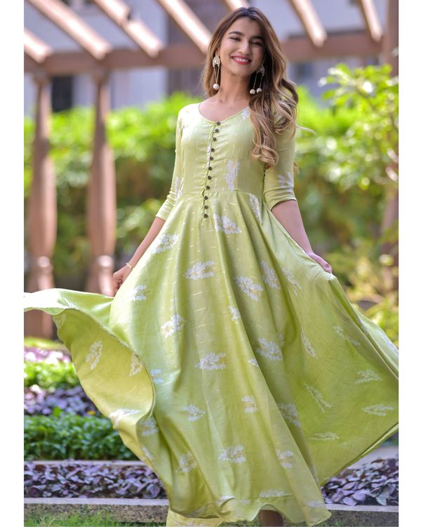 Pastel green foil printed flared dress 3
