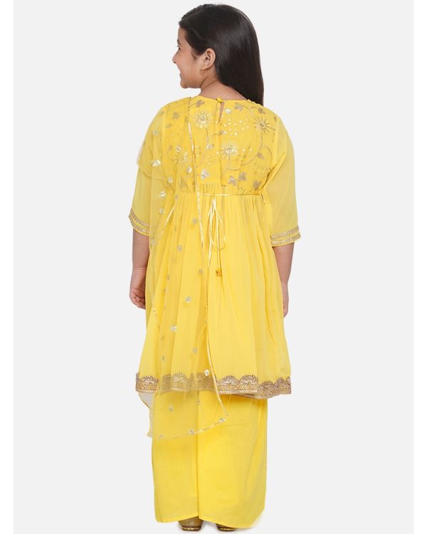 Yellow gotta patti work embroidered kurta with sharara and dupatta - set of three 1