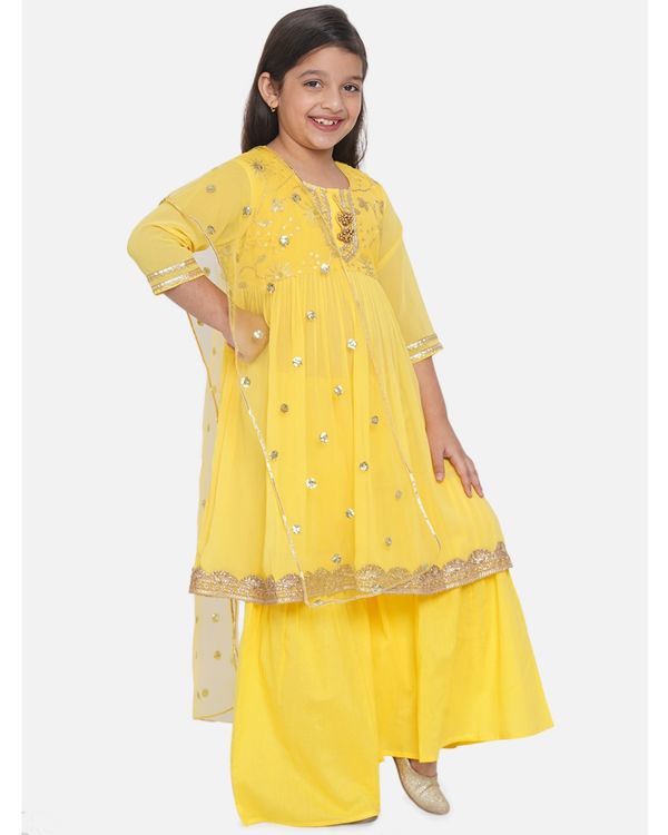 Yellow gotta patti work embroidered kurta with sharara and dupatta - set of three 2