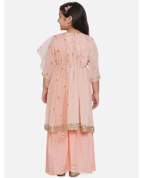 Peach gotta patti work embroidered kurta with sharara and dupatta - set of three 1