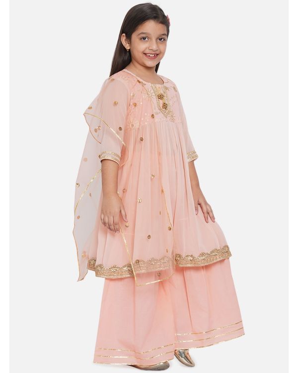 Peach gotta patti work embroidered kurta with sharara and dupatta - set of three 2