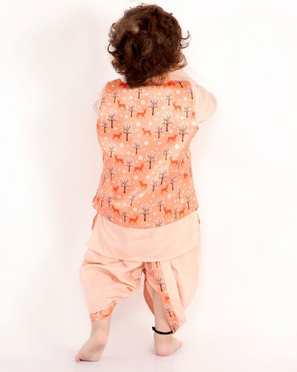 Peach cotton kurta with orange deer printed waistcoat and dhoti set - set of three 1