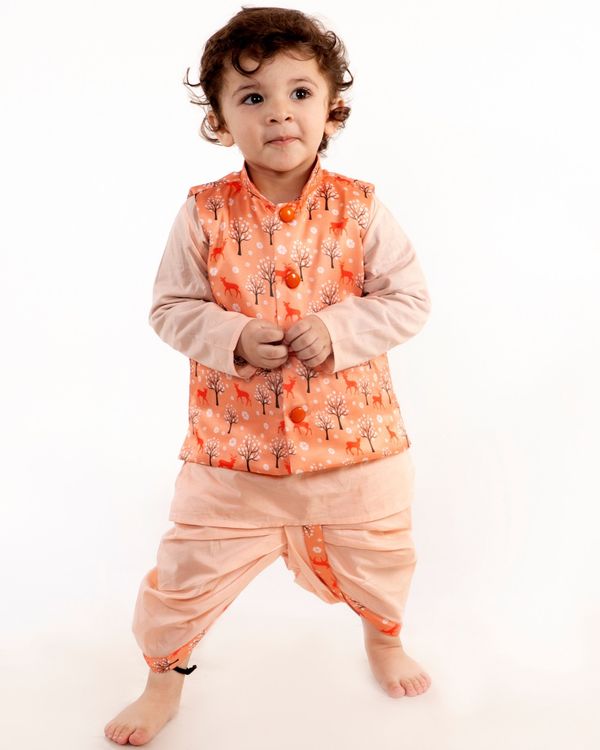Peach cotton kurta with orange deer printed waistcoat and dhoti set - set of three 2