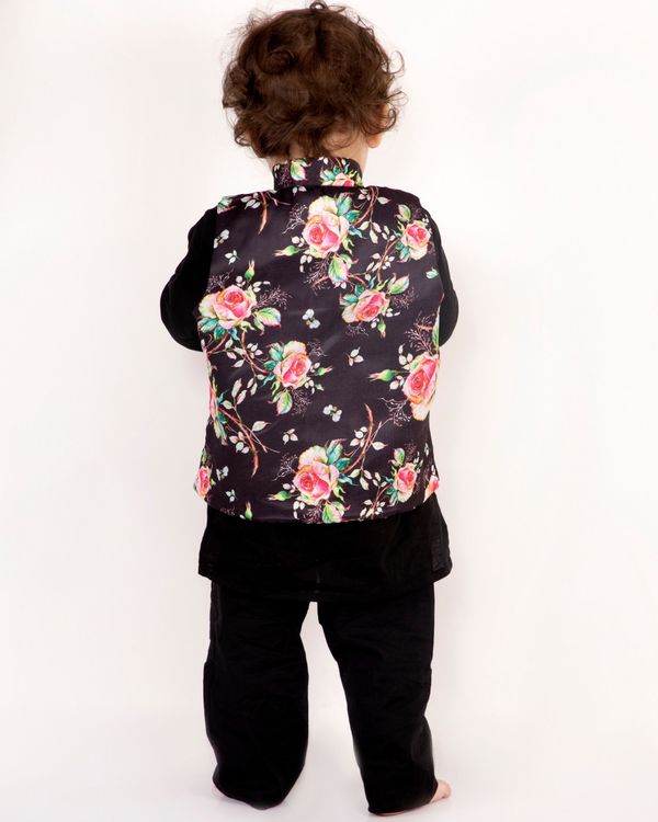 Black cotton kurta with floral print jacket and pyjama - set of three 1
