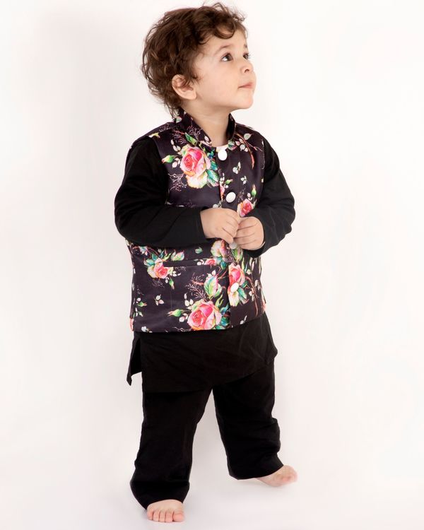 Black cotton kurta with floral print jacket and pyjama - set of three 3