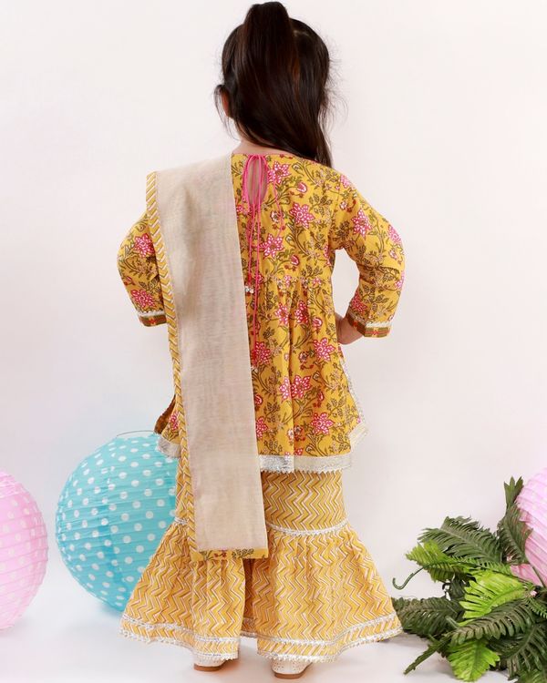 Yellow and pink floral printed kurta with chevron sharara and dupatta - set of three 1