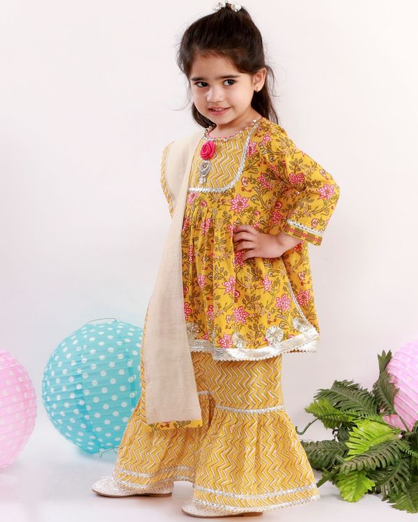 Yellow and pink floral printed kurta with chevron sharara and dupatta - set of three 2