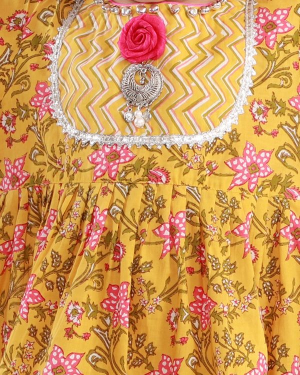 Yellow and pink floral printed kurta with chevron sharara and dupatta - set of three 3