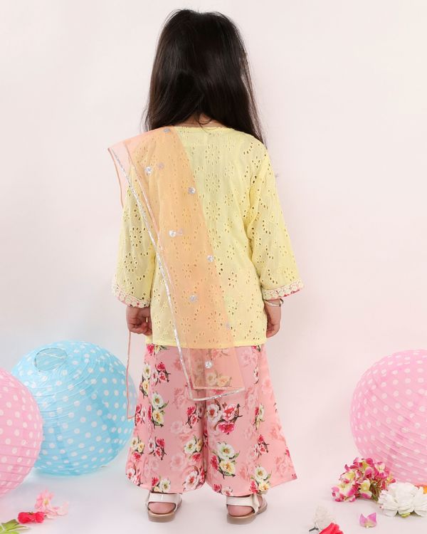 Yellow and pink chikankari kurta with floral printed palazzo and dupatta - set of three 1