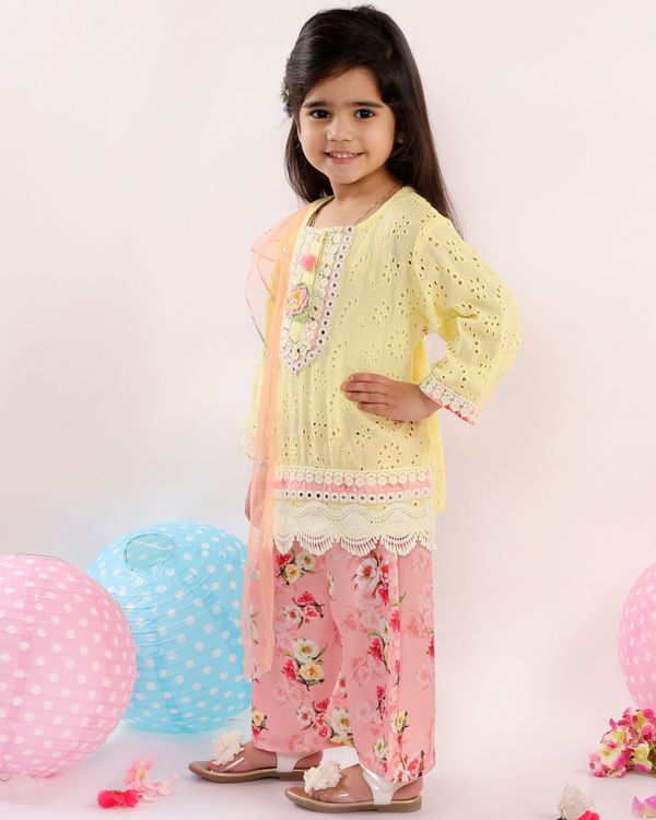 Yellow and pink chikankari kurta with floral printed palazzo and dupatta - set of three 2
