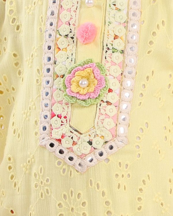 Yellow and pink chikankari kurta with floral printed palazzo and dupatta - set of three 3