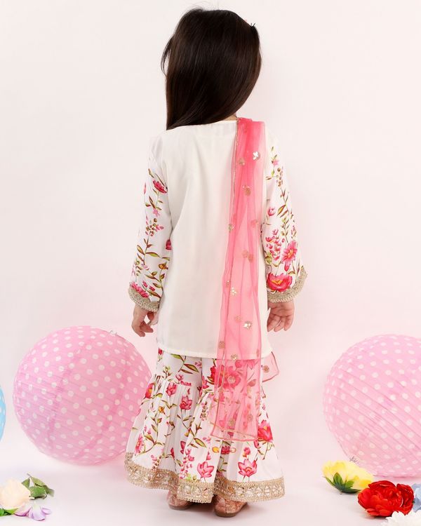 White and red floral embroidered kurta with printed sharara and dupatta - set of three 1