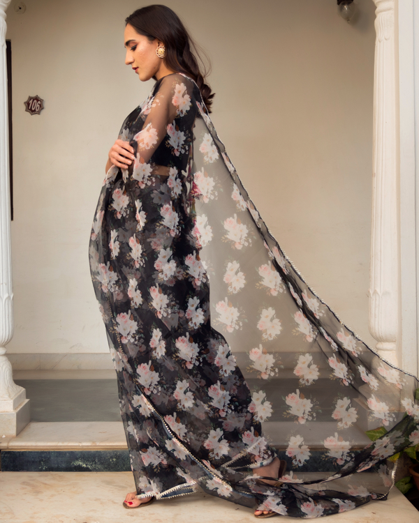 Black printed organza saree with cotton blouse - set of two 1