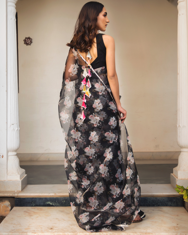 Black printed organza saree with cotton blouse - set of two 2
